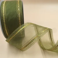 63mm x 25 yards moss green organza stripes with gold wire edge ribbon for birthday decoration gift wrapping 1 12
