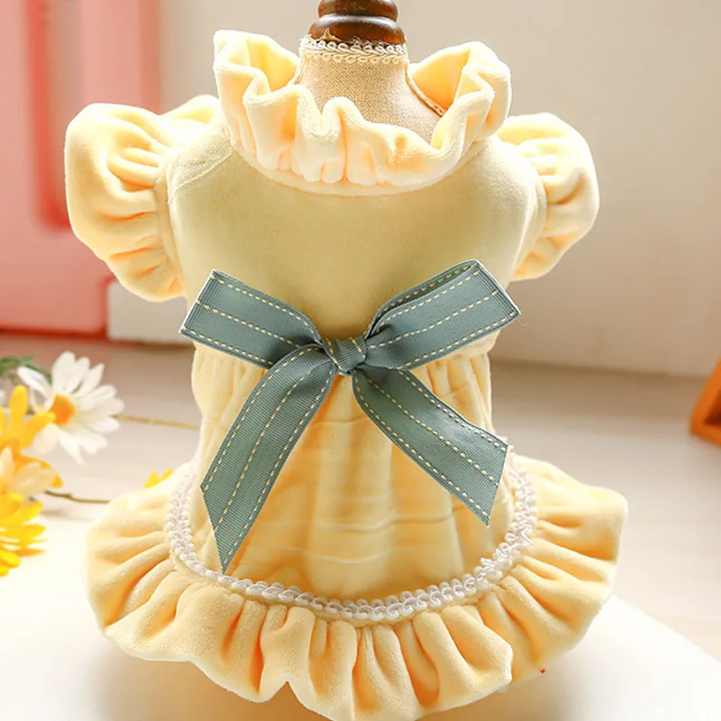 Желтое Плиссированное летнее платье для собак желтое кружевное с высоким