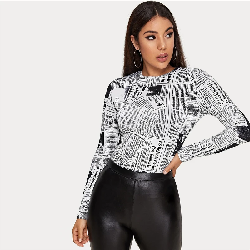 SHEIN Женская Повседневная футболка с буквенным принтом и круглым вырезом на весну и осень, облегающие уличные футболки с длинным рукавом