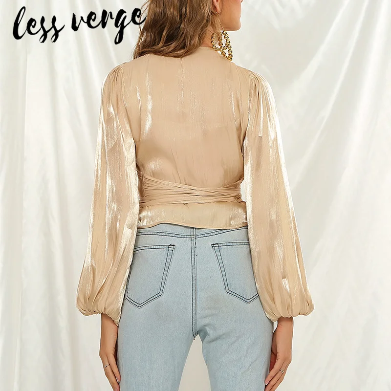 Lessverge v образный вырез сексуальная блестящая блузка рубашка женская фонарь рукав