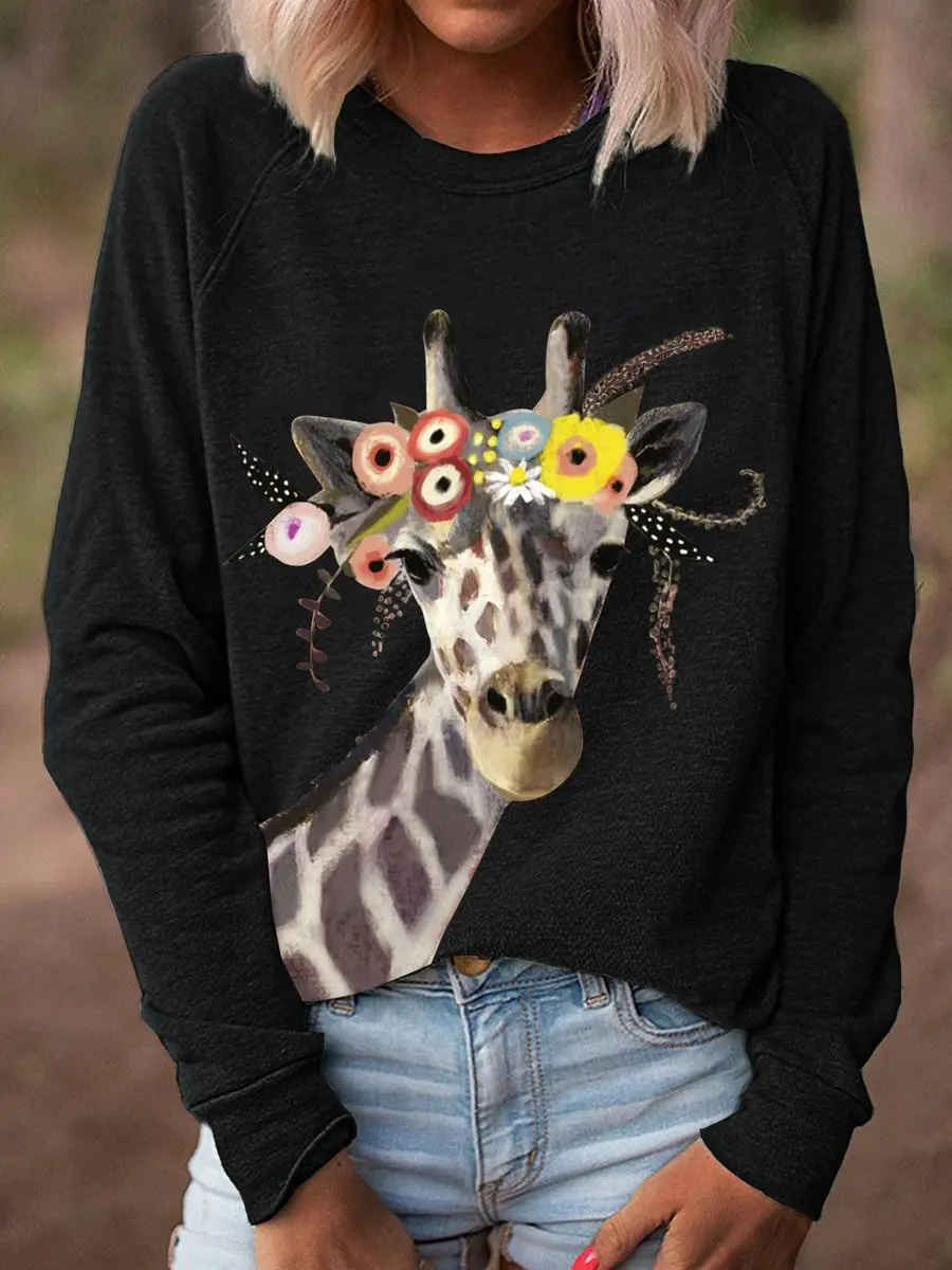 

Women's Giraffe Print Kawaii T-Shirt Autumn Fashion O-Neck Long-Sleeved Casual Loose T-Shirt Female Cartoon Tee Tops