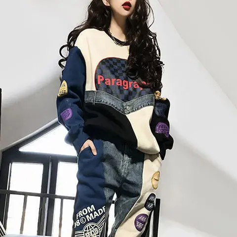 

2021 Winter Print Stitching and Brushed Sweater Women's All-Match Loose Sweatpants Casual Pants Fashion Suit Women's Fashion