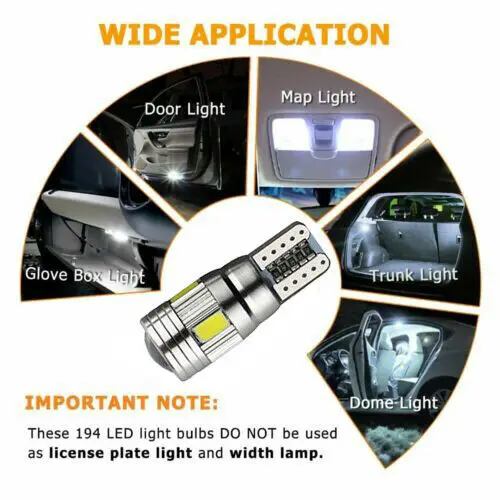 

10Pcs White T10 LED Interior Map Lamp Car Trunk License Plate Parking Light Bulb Auto Wedge Signal Bulbs 6000K