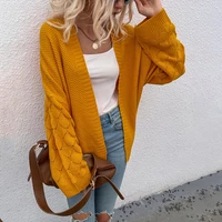 2021 autumn and winter new cardigan solid color mid length hollow sweater blouse fashion casual loose sweater coat cardigan