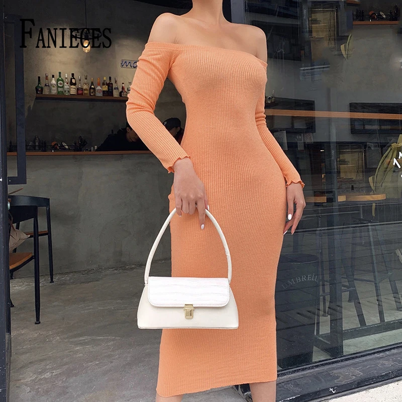 

FANIECES Sexy Off Shoulder Slash Neck Maxi Dresses Women Long Sleeve Elegant Solid Bodycon Party Dress Autumn Knitted Vestidos