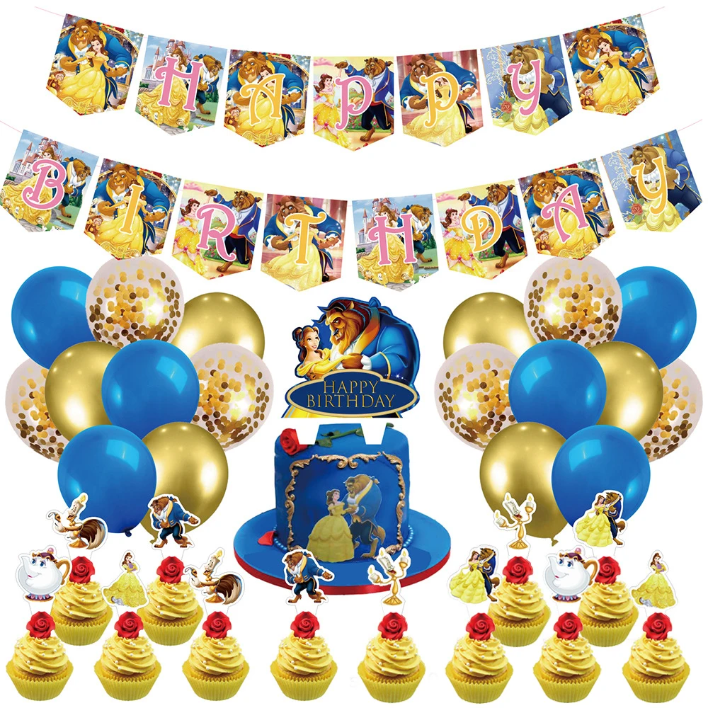 

1Set Disney Beauty and the Beast Theme Girl Birthday Party Decor Latex Balloon Cake topper Set Baby Shower Supplies Air Globos