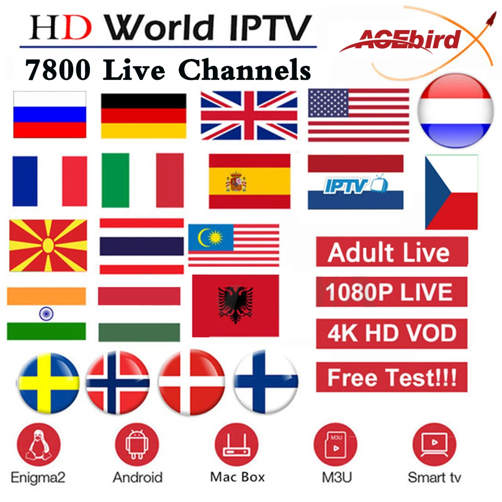 Acebird Pro, подписка на IPTV, Франция, Великобритания, Ирландия, Нидерланды, Испания, Швейцария, США, Африка, для взрослых, 7800, Live для M3U Enigma2 Mag25X