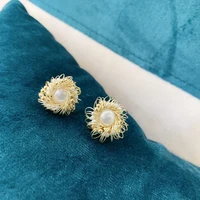 diy gold natural pearl sunflower charm earrings stud for women girls party boucles doreilles fashion orecchini natale hot sale