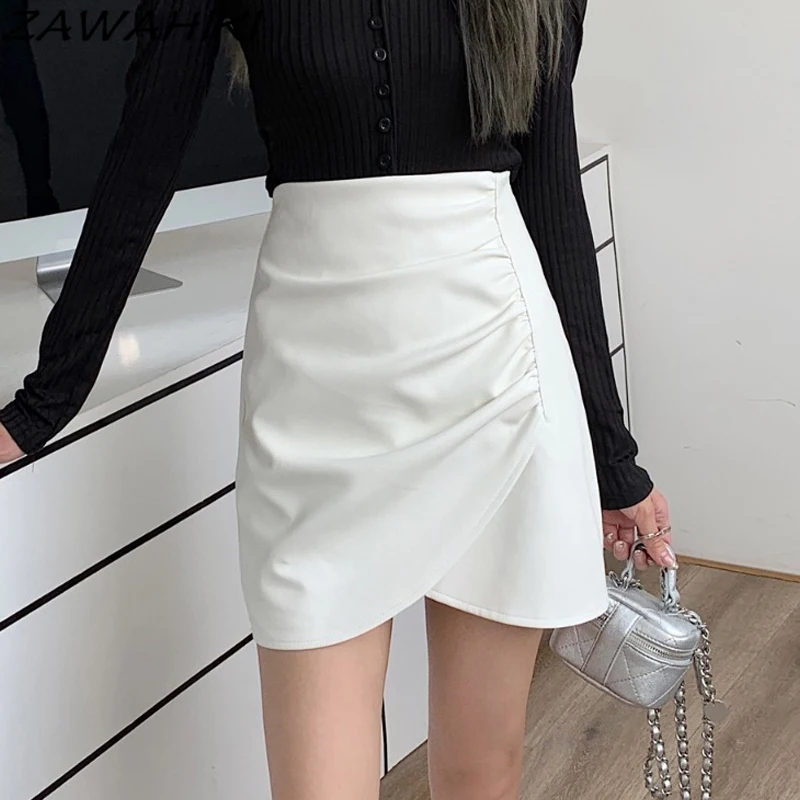 

ZAWAHIKI Faldas Mujer Solid High Waist Irregular Female Spring Autumn Thin Wild A-line Bag Hip Skirt Pu Leather White Skirts