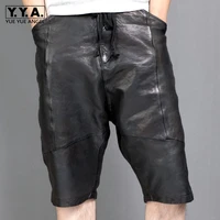 brand fashion men loose fit shorts washed vintage sheepskin genuine leather knee length shorts street summer new black shorts
