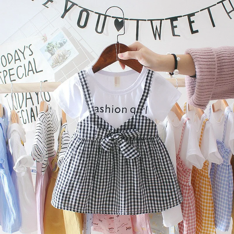 

Children Summer Girls Cute Plaid Fake Two Piece Bottoming Short Sleeved Sweet Princess Dress