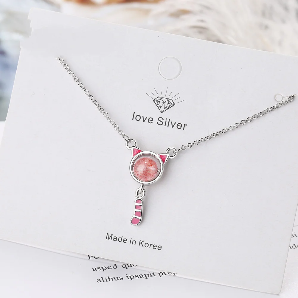 

NEW 925 Sterling Silver 2021 New Women's Fashion Jewelry High Quality Crystal Zircon Pink Kitten Pendant Necklace Length 405CM