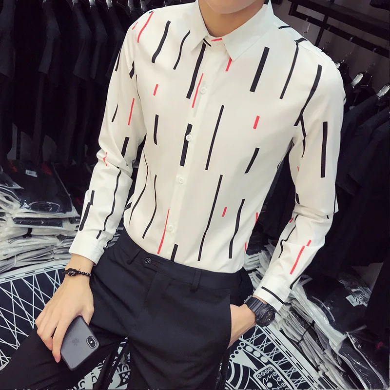 Полоса печати Для мужчин Модная рубашка с длинным рукавом Slim Fit деловая
