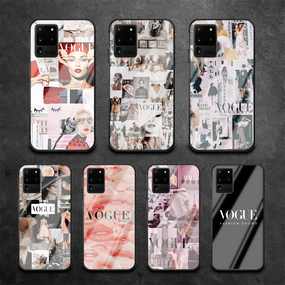 

Magazine VOGUE Phone Tempered Glass Case Cover For Samsung Galaxy S Note 5 6 9 10 10E 20 21 FE Plus Uitra Fashion 3D Tpu Etui