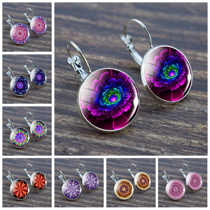 Круглые серьги в виде цветка мандалы тибетский символ тайны стеклянные кабошон