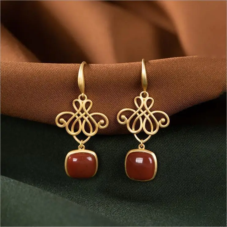 

Ss92 Sterling Silver Inlaid Hetian Jade Southern Red Agate Square Eardrops Lucky Knot Earrings Natural South Red Earrings Jewelr