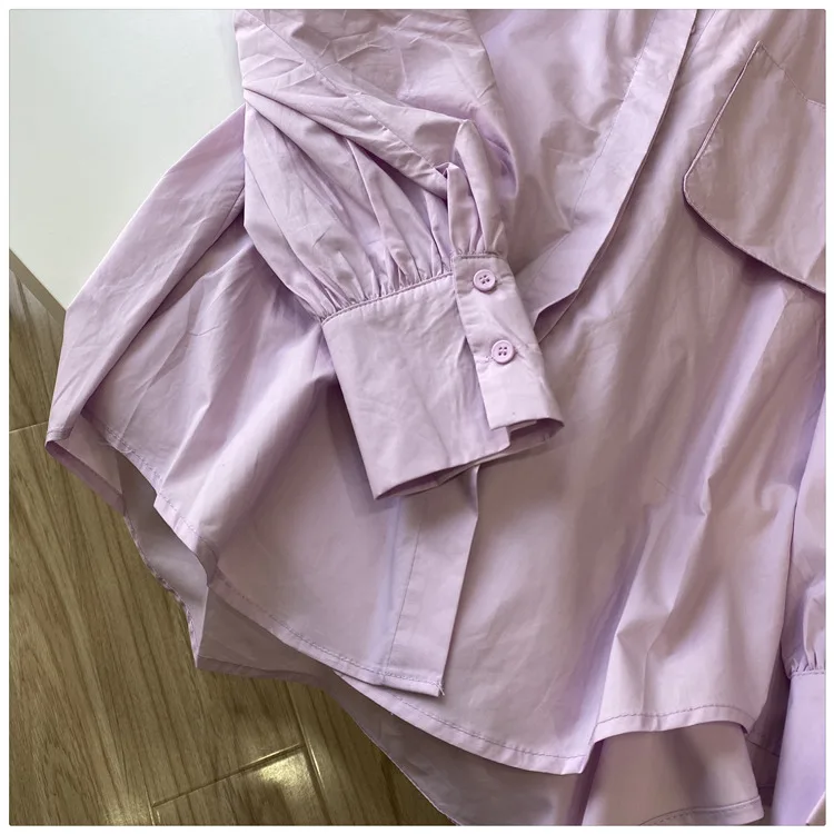 

2021 Spring and Summer New Pocket Simple Pleated Shirt Women Solid Color Long Sleeve Single-Breasted Loose Blouse Ladies