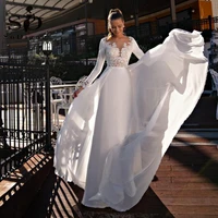 sodigne arabic modern beach wedding dress long sleeves lace appliques bridal dress with detachable train satin wedding gowns