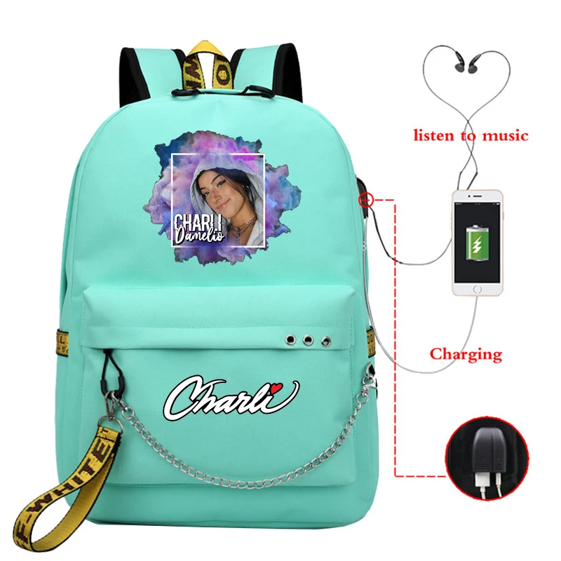 Школьные ранцы с USB-зарядкой для девочек рюкзак Charli dɺrelio женщин дорожная сумка