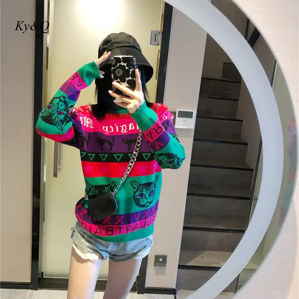 Женский пуловер в радужную полоску модный жаккардовый свитер с круглым вырезом и