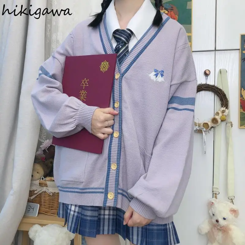 

Hikigawa Preppy Style Spring Autumn Sweater Jacket Women Japanese Color Matching Long-sleeve Knitted Cardigan Student Outer Coat