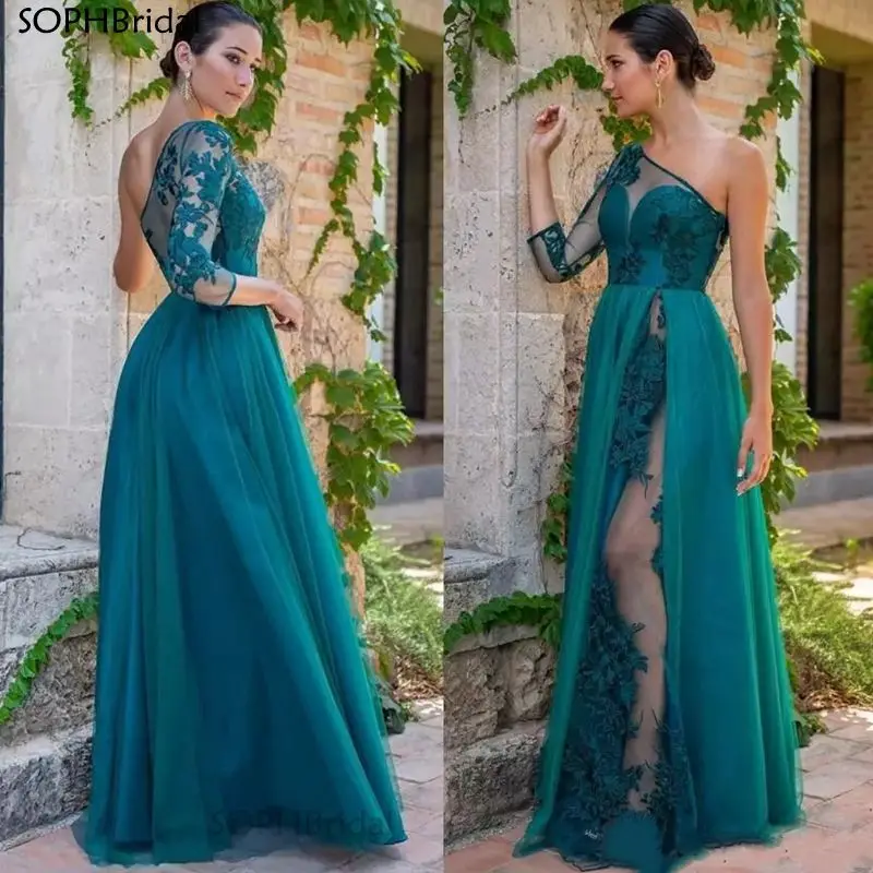 

New Arrival One Shoulder Evening Dresses Tiered Long Sleeve Illusion Lace Appliques High Split Long Evening Prom Gowns Vestidos