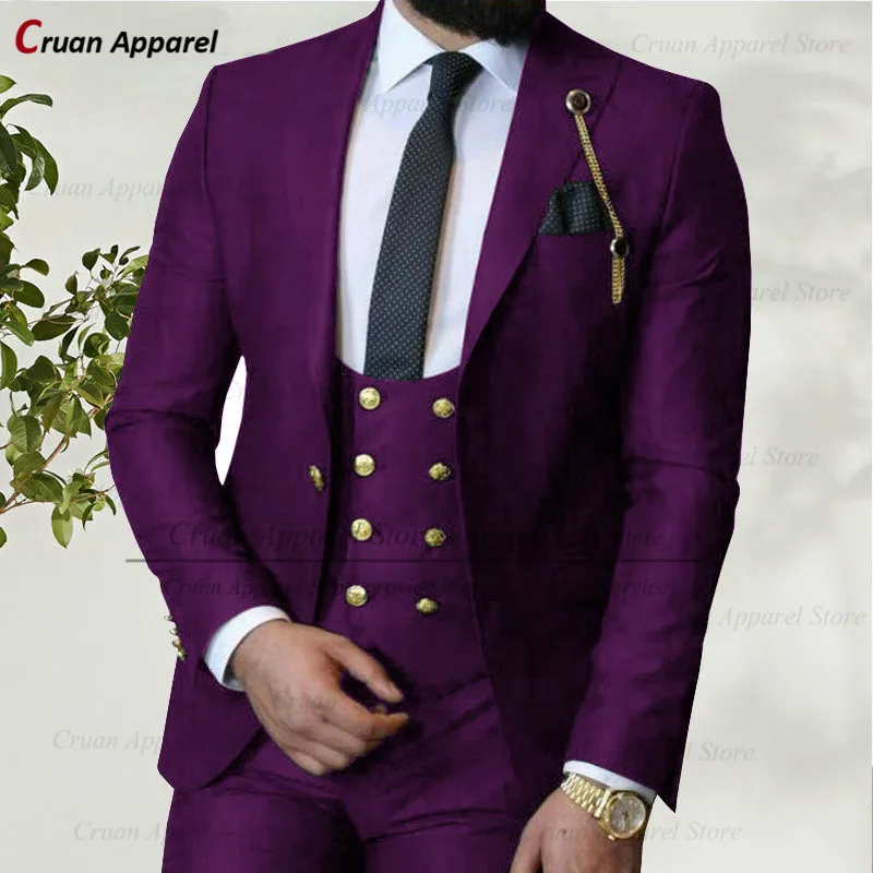 

2022 Luxury Suits Mens 3 Piece Tailor-made Best Man Groom Prom Wedding Tuxedo Formal Business Purple Jacket Waistcoat Pants Set