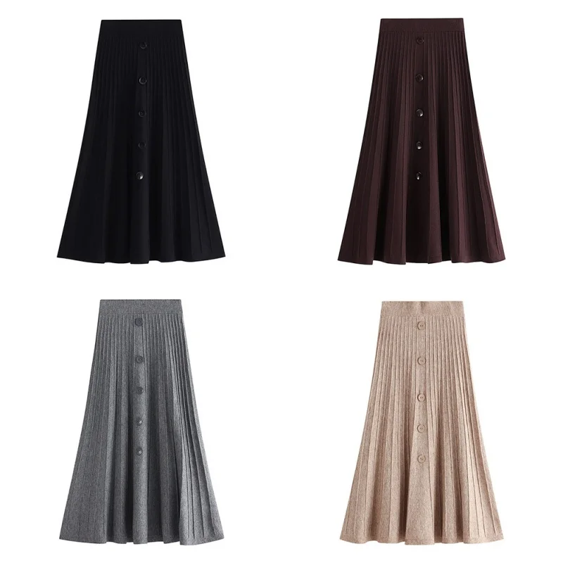 

Women Skirts New Fahion Elastic Band Autumn Winter Warm Knitted A-line Skirt High Waist Long Skirt Female Falda