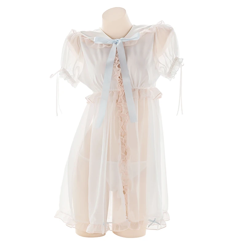 

Pink Blue Girl Cute Sailor Uniform Collar Bow Nightdress Sexy Perspective Private Home Ruffle Pajamas Cosplay Lolita Sleepwear