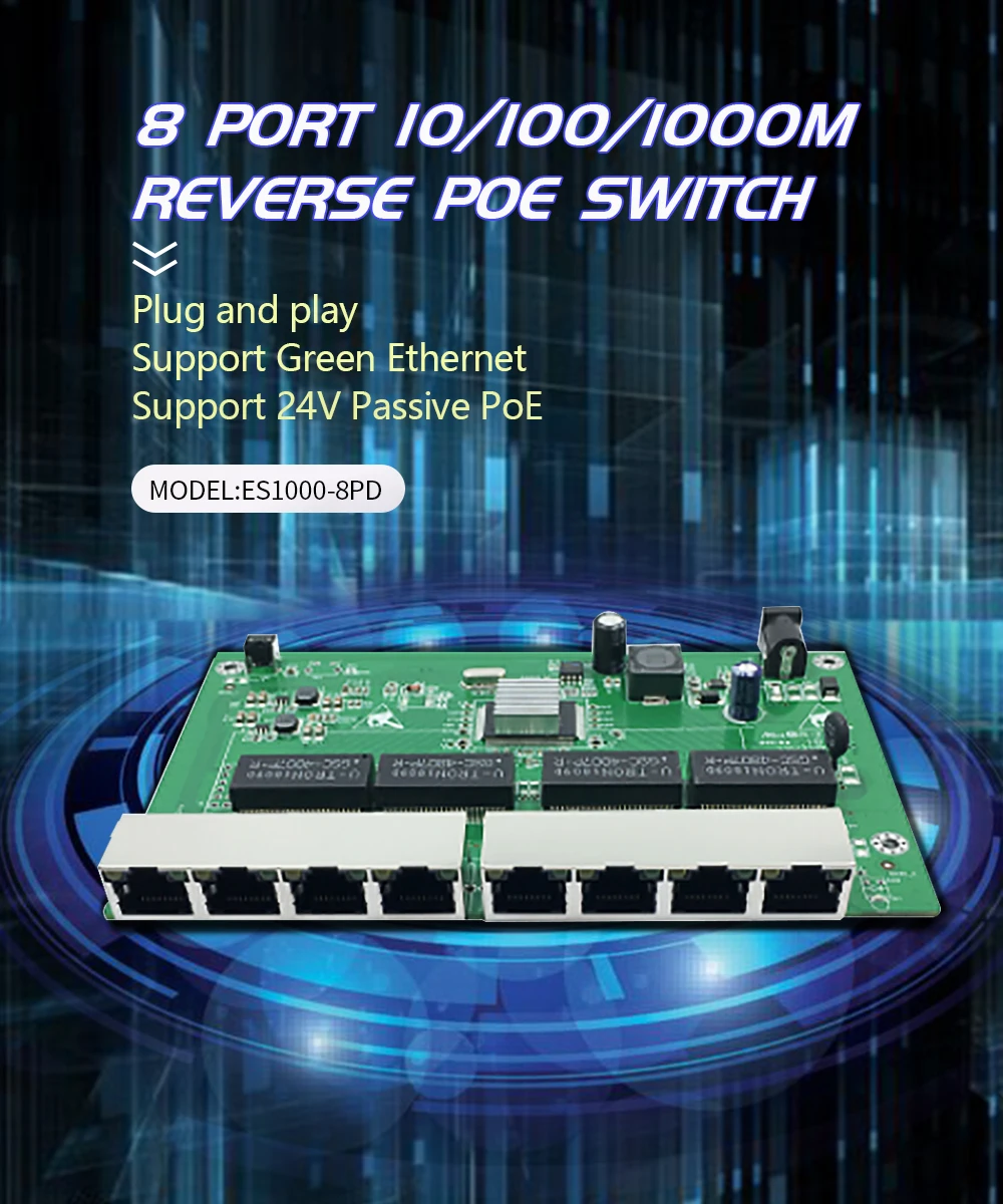 8 Порты и разъёмы 10/100/1000M Ethernet-коммутатор обратное POE Питание Переключатель 7 Порты и разъёмы PD коммутатор 24v обратное POE Питание Переключатель Блок печатных плат