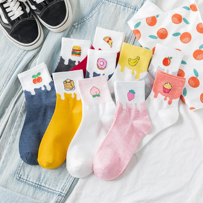 

10 Pairs Cartoon Fruit Food Print Women Socks Harajuku Funny Short Socks Cute Cotton Ankle Socks Woman Breathable Sports Socks