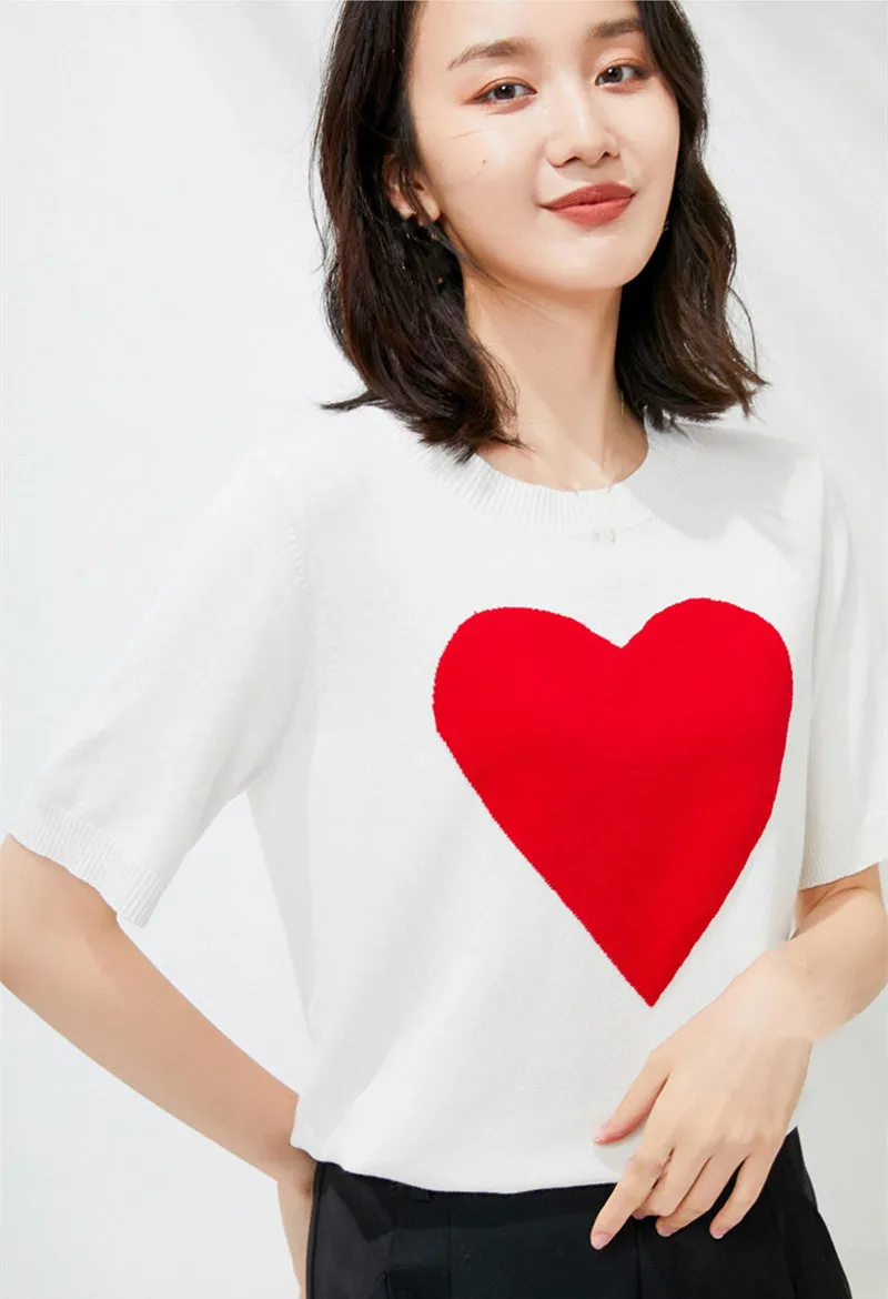 

2021 New Summer T-Shirts Fashion Female Mercerized Cotton Knitted Short Sleeve Contrast Color O-Neck Loving Tops Casual Jummper