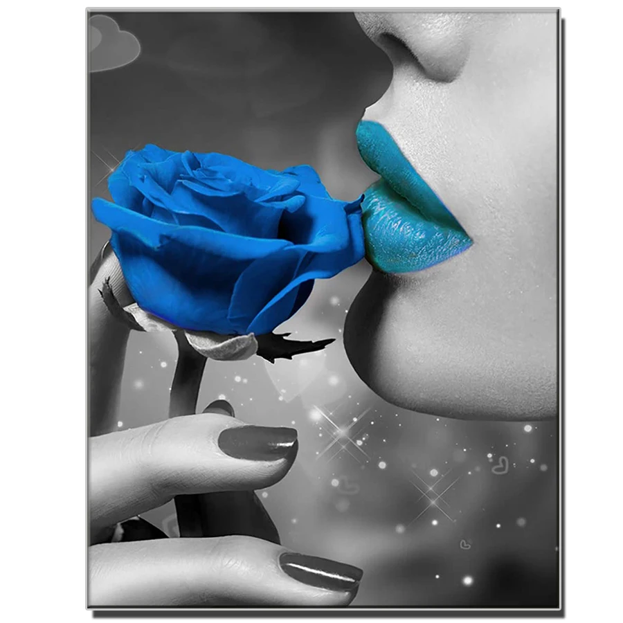 

DIY photo custom Woman face with blue rose flower diamond mosaic diamond rhinestone full drills square round cross stitch decor