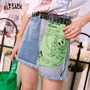 Шорты ELFSACK женские джинсовые в стиле пэчворк, повседневные разноцветные голубые необработанные края в Корейском стиле, лето 2020