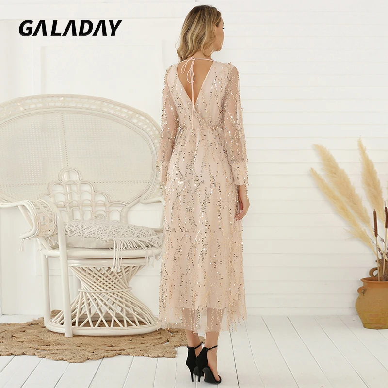 

Galaday Summer Dress Women Casual Lace Long Sequins Tassels Ladies Long Sleeve Dress 2021 Plus Size Female Clothing Beach Dress