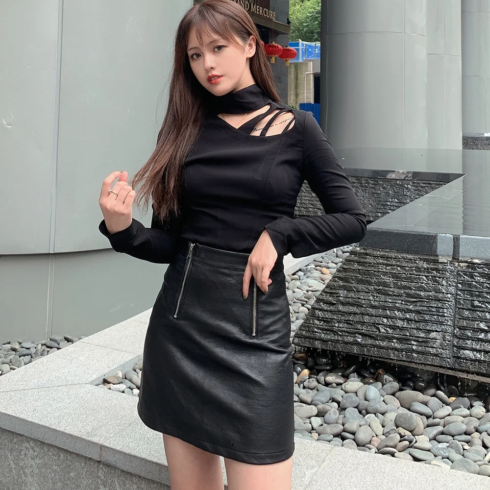 Осень 2019 полый черный водолазка футболка женская тонкая стильная хорошего