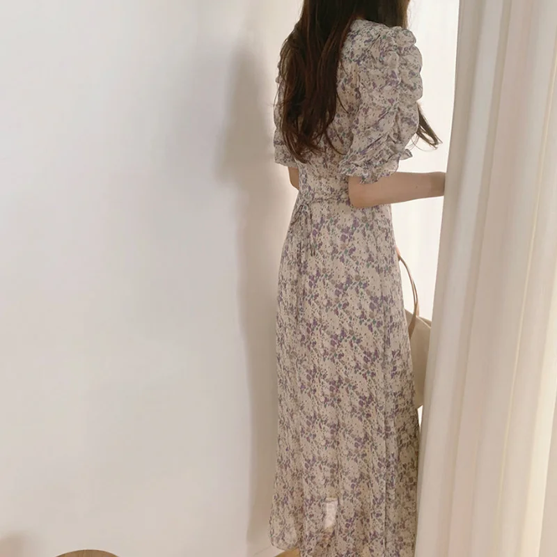 

2020 New Summer Women Dress High Waist Casual Loose Bohemian Long Dress Female Vintage V-Neck Chic Chiffon A-Line Dress Vestidos