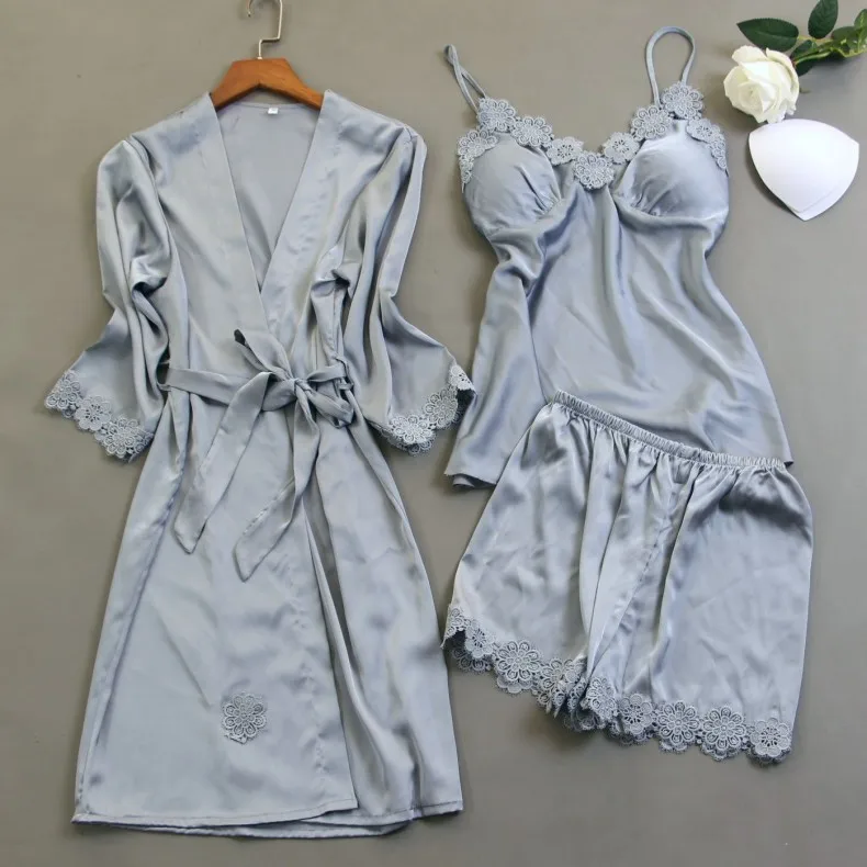 

Women Pajamas Sets 3-Piece with Shorts Sexy Pyjama Ladies Satin Flower Lace Nightwear Lounge Sets Silk Negligee Sleepwear Pijama