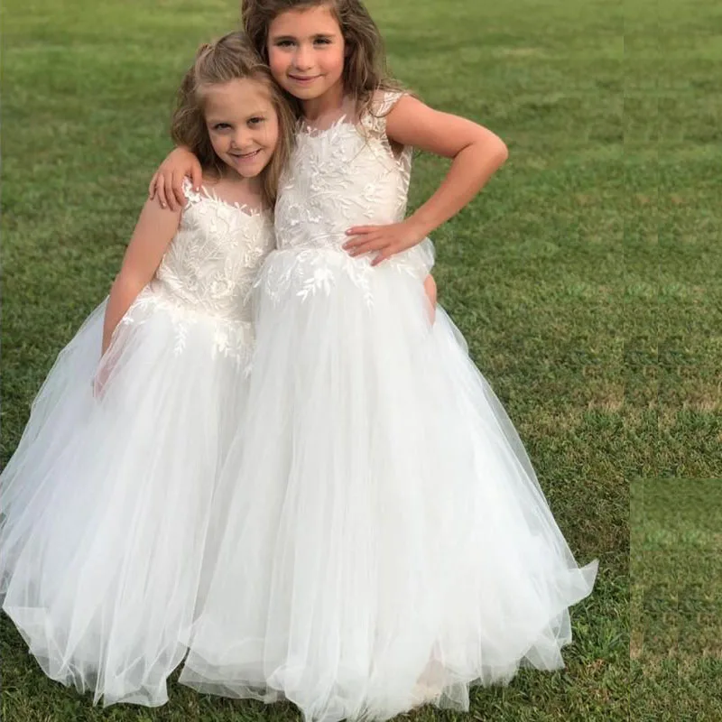 

Vintage Country Flower Girls Dresses Lace Appliques Kid First Communion Gowns Tulle Puffy Skirt Toddler Birthday Party Wear