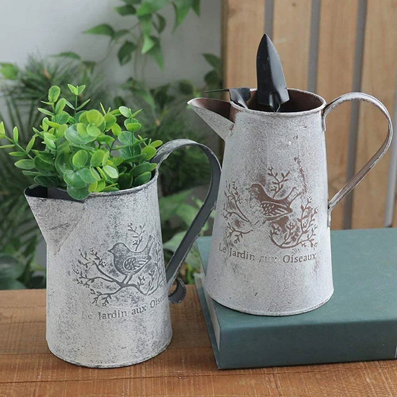 

2X Watering Can Vase French Jug Home Decoration Garden Vase Flower Arrangement Iron Flower Making Gardening 15Cm & 17Cm