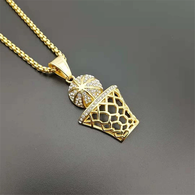 

European Style Gold Color Basketball Hoop Pendant Christian Gifts Fashion Stainless Steel Chain Necklaces Men's Hip Hop Jewelry