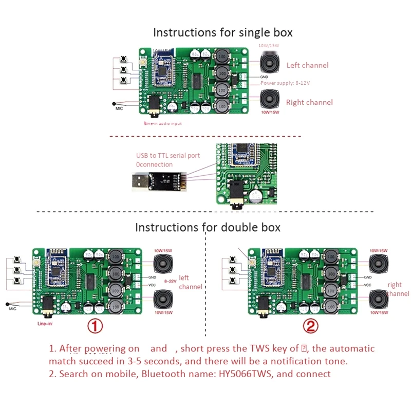 

2X15W Bluetooth Audio Amplifier Board Wireless Bluetooth 5.0 Amplificador AUX Support Serial Command Change Name Password