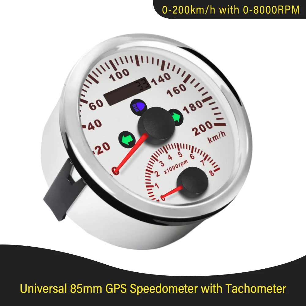 Водонепроницаемый 85 мм 0-200 км/ч GPS Спидометр 0-8000 об/мин Тахометр вращающийся