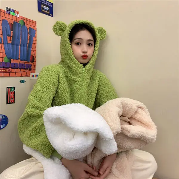 

Age-Reducing Cute Ears Hooded Lamb Fur Coat Women Winter Wear New Korean Version Loose Girlfriend Short Coat