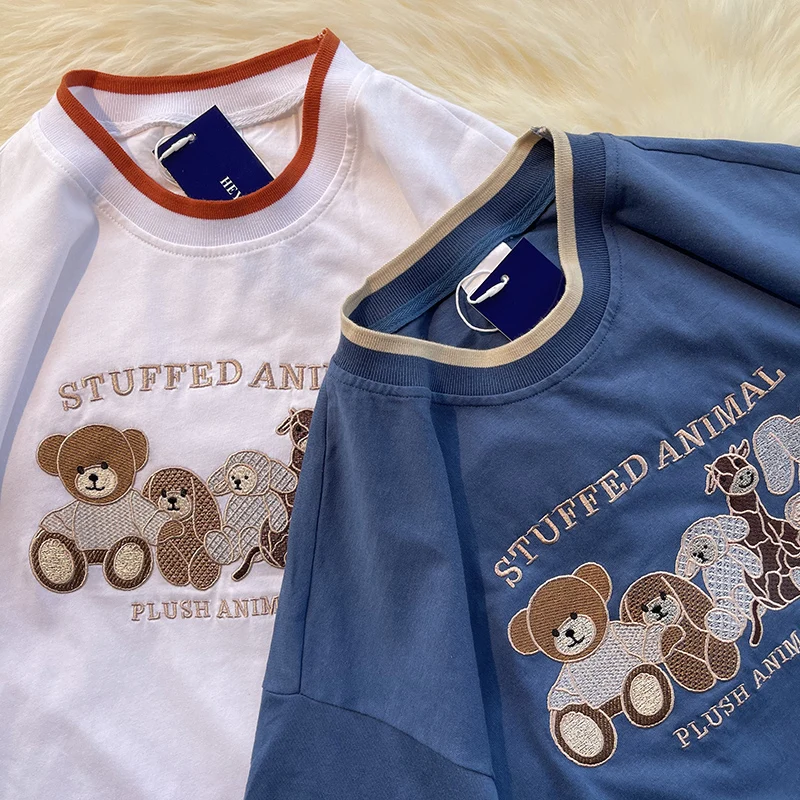 Футболки ins в стиле Харадзюку с вышивкой медведя женские футболки американском