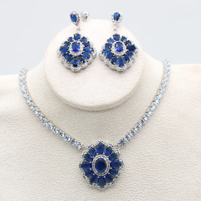 

925 Silver Stamp Sapphire Blue Necklace Earring Set for Women Luxury Wedding Party Bridal Jewelry