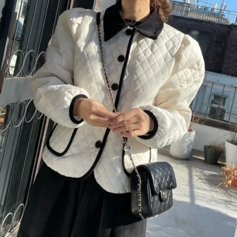 

Autumn Winter Cotton Jacket Women Korean Fashion Contrast Turn Down Collar Collar Single-breasted Loose Pockets Chic Coats