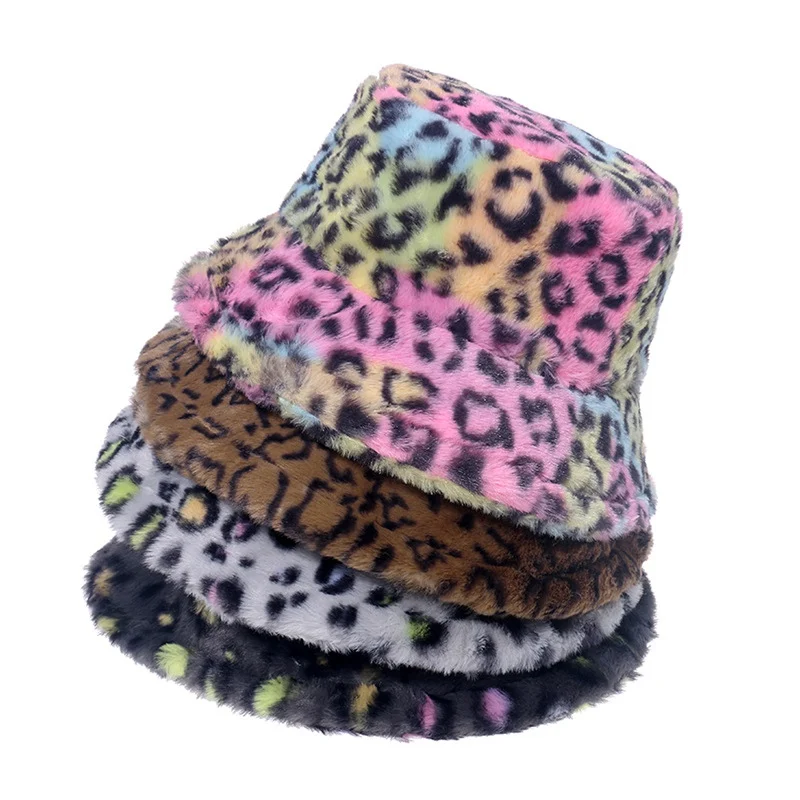

Leopard Faux Rabbit Fur Flat Top Collapsible Fisherman'S Hat Autumn Winter Keep Warm Outdoor Basin Cap Women Hat