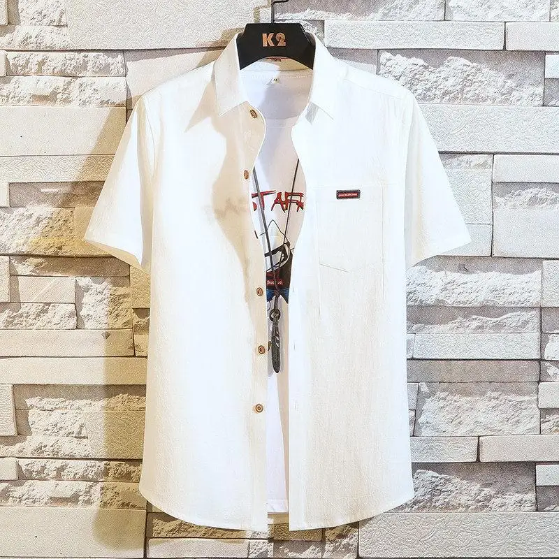 Cotton Men's Shirt Short Sleeve Japanese Fashion Button Up Shirt Summer Thin Casual Streetwear Slim Fit Coat Black Male Clothes