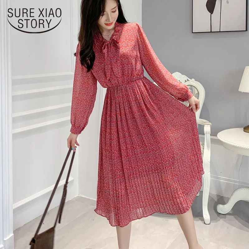 Женское шифоновое платье с длинным рукавом элегантное до середины икры